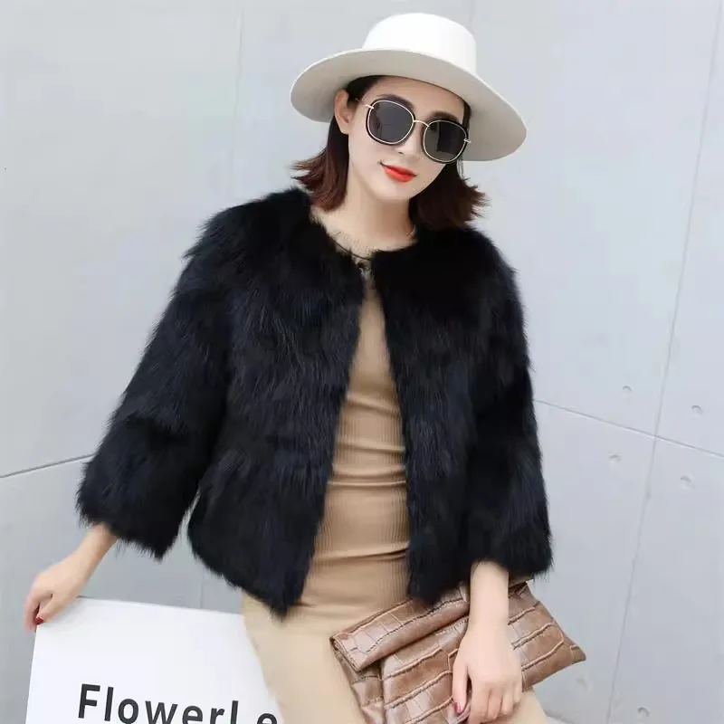 Real Raccoon Fur Woven Coat for Women Short Fur Jacket Long Sleeve V-Neck Fashion New Style Autumn and Winter