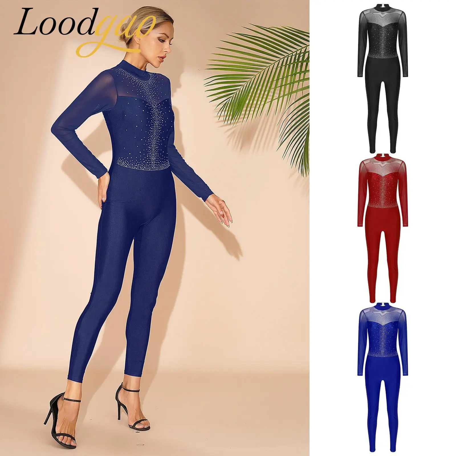 

Womens Long Sleeve Ballet Dance Bodysuit Practice Exercise Wear Sheer Mesh Figure Skating Gymnastics Leotards Jumpsuit Costumes