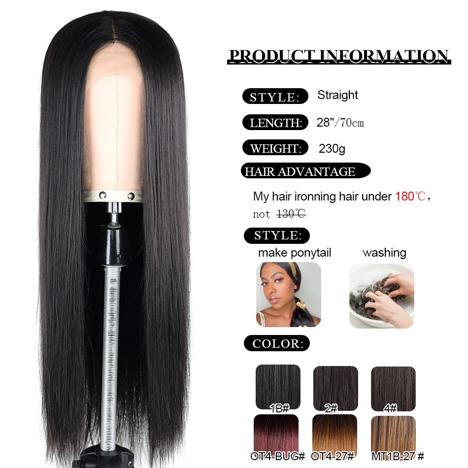 Peruca dianteira do laço sintético para mulheres naturais pretas, cabelo reto longo, resistente ao calor, renda da parte média T, sedoso liso