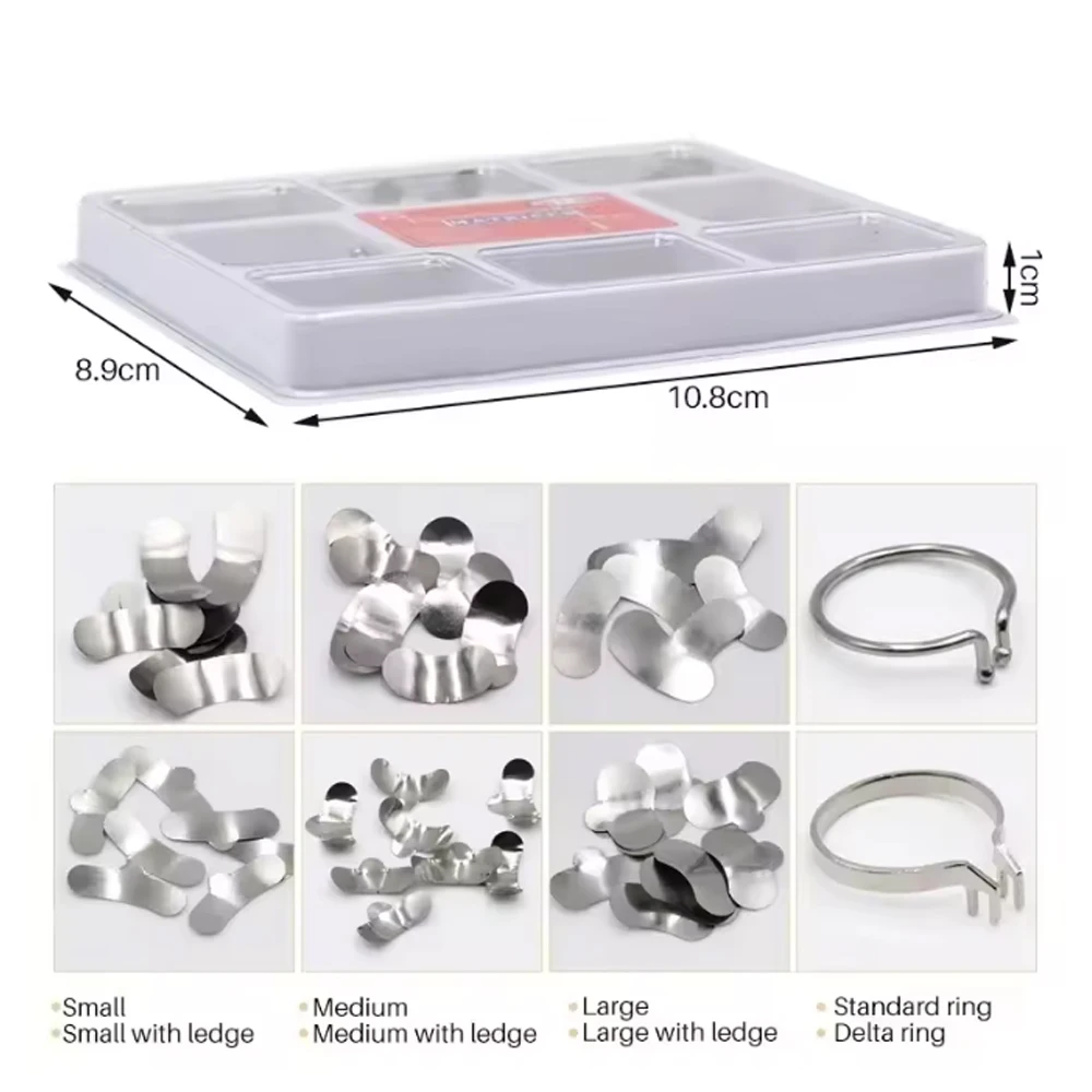 Dental Contoured Restoration System 100Pcs Sectional Matrix Bands No 1 398 2 Rings Forming Clips Composite Filling Instrument