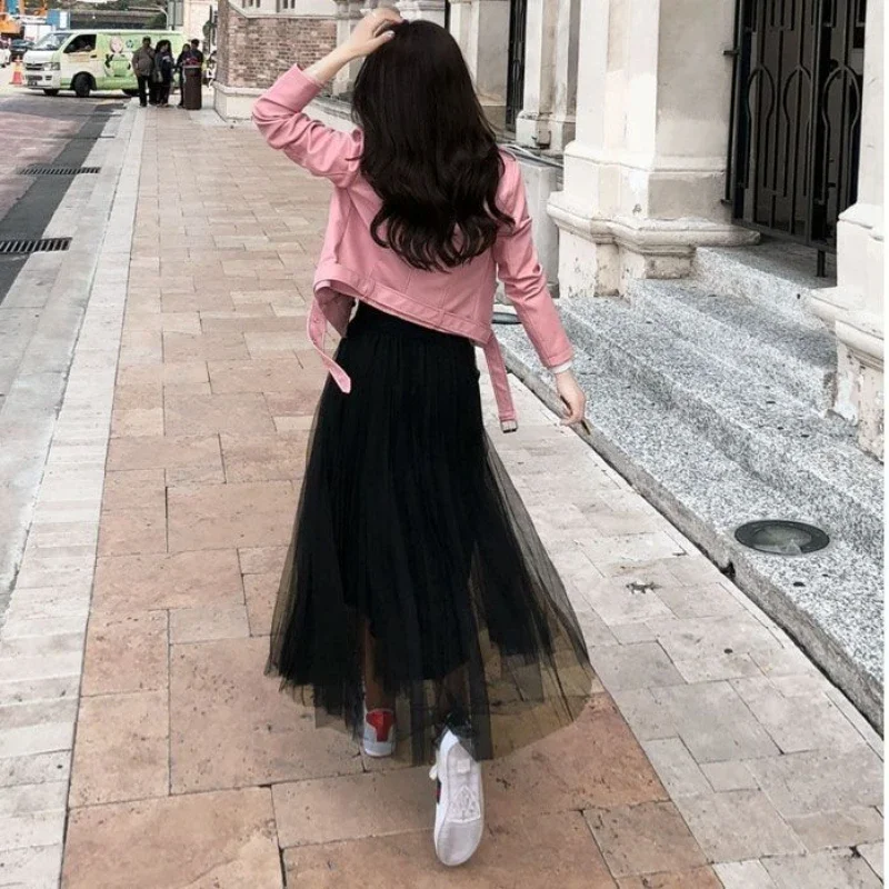 Short PU Skin Slim-fit Leather Double Breasted Belted Trench Coat Female Yellow Pink Black Date Red Motorcycle Leather Jacket