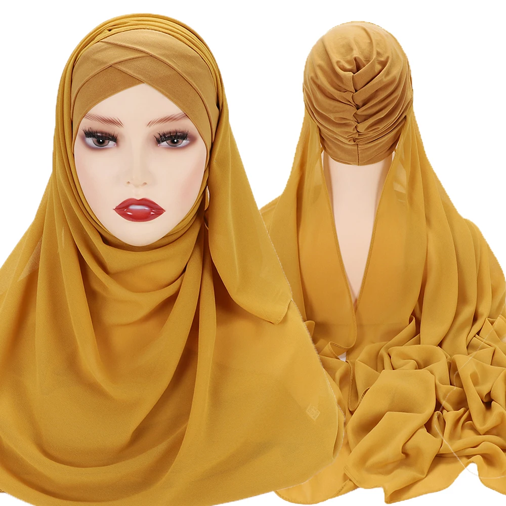 Natychmiastowe hidżaby szyfonowy hidżab szalik z krzyżem czapki z dżerseju Bonnet marka Design muzułmański szalik kobiety islamski Underscarf 175X70CM