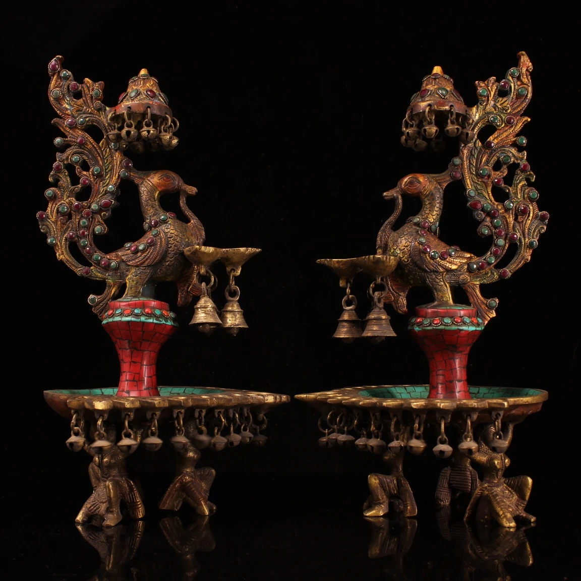 

16" Tibetan Temple Collection Old Bronze mosaic Gem painted Phoenix Candle stand a pair worship hall candlestick Town house