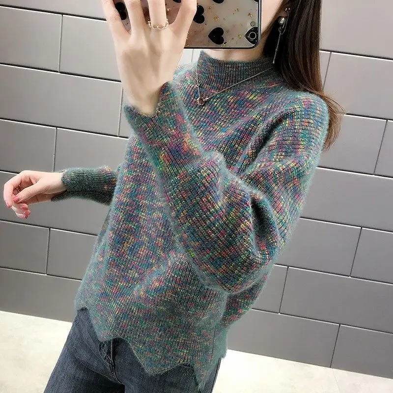 

Non Shedding Imitation Mink Velvet Sweater for Women Autumn Winter New Half High Neck Knitted Loose Solid Elegant Trendy Top