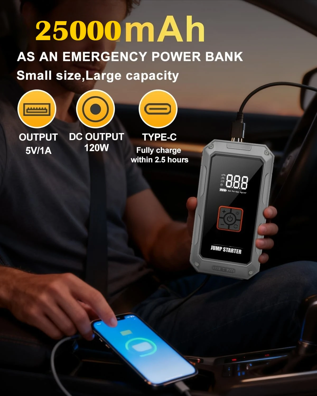 Car Battery Jump Starter 6000A with Air Compressor 150PSI Portable Power Pack 12V LED Light