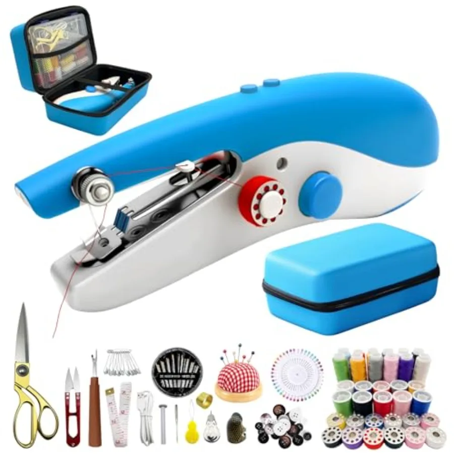 

Portable Handheld Sewing Machine with 110 PCS Sewing Kit and Blue Leather Case, Dual-Speed, Built-in Work Light, Dual Power Sup