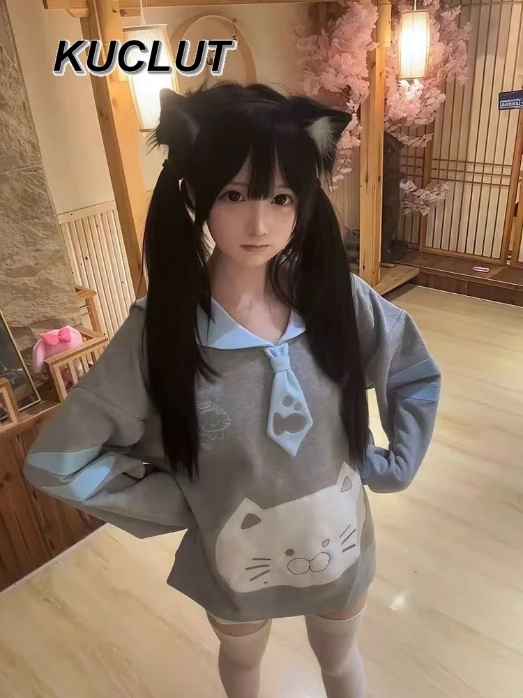 일본 대학 스타일 긴 소매 풀오버 캐주얼 스웨트셔츠 여성용 가을 겨울 두꺼운 귀여운 세일러 칼라 루즈 탑