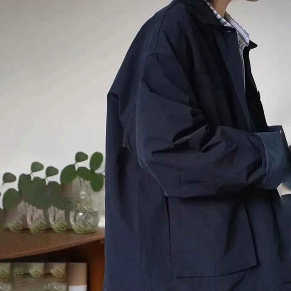 Spring And Autumn Fashion Casual Loose Retro Jacket Unisex Solid Color Lapel Basic Versatile Functional Jacket Coat For Men