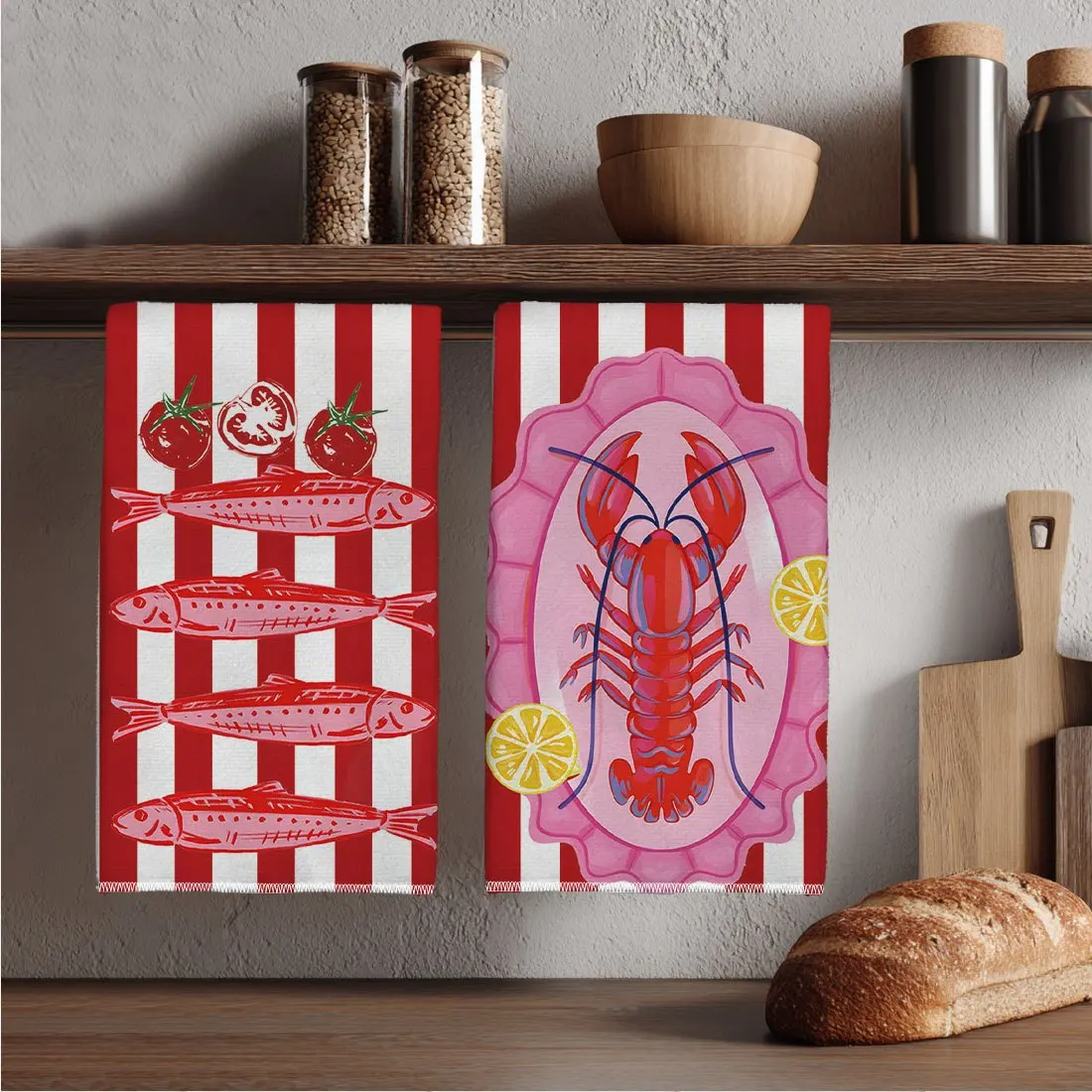 2Pcs, Red Tomato, Sardine, and Lobster Kitchen Towels, 40Cm*60Cm Towel Set, Soft Absorbent Polyester Fiber Tea Towels, Vintage Plant Print Tablecloths, Suitable for Home Decoration
