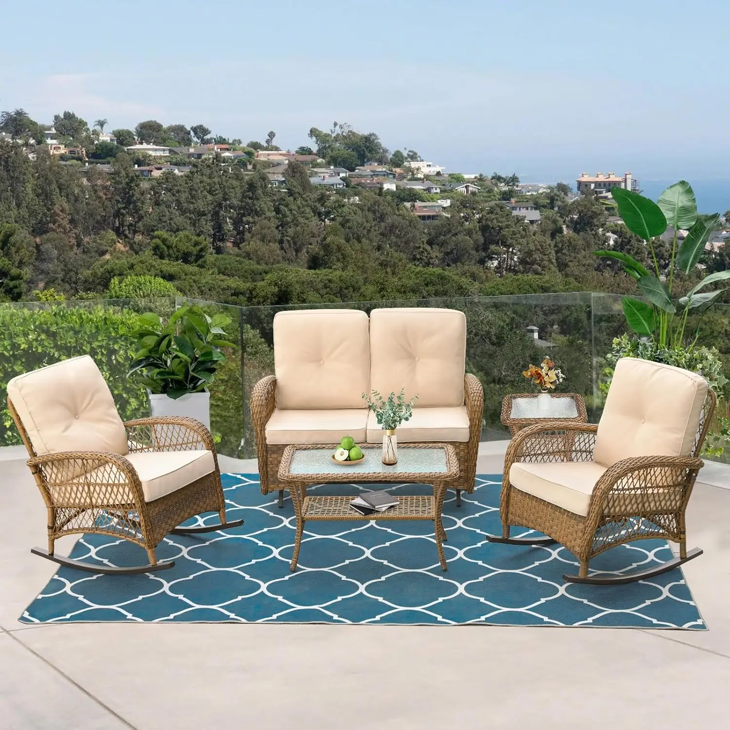 

5-Piece Outdoor Patio Wicker Conversation Sets, All Weather Outdoor Rattan Furniture Set Includes Glider Loveseat,, Customized