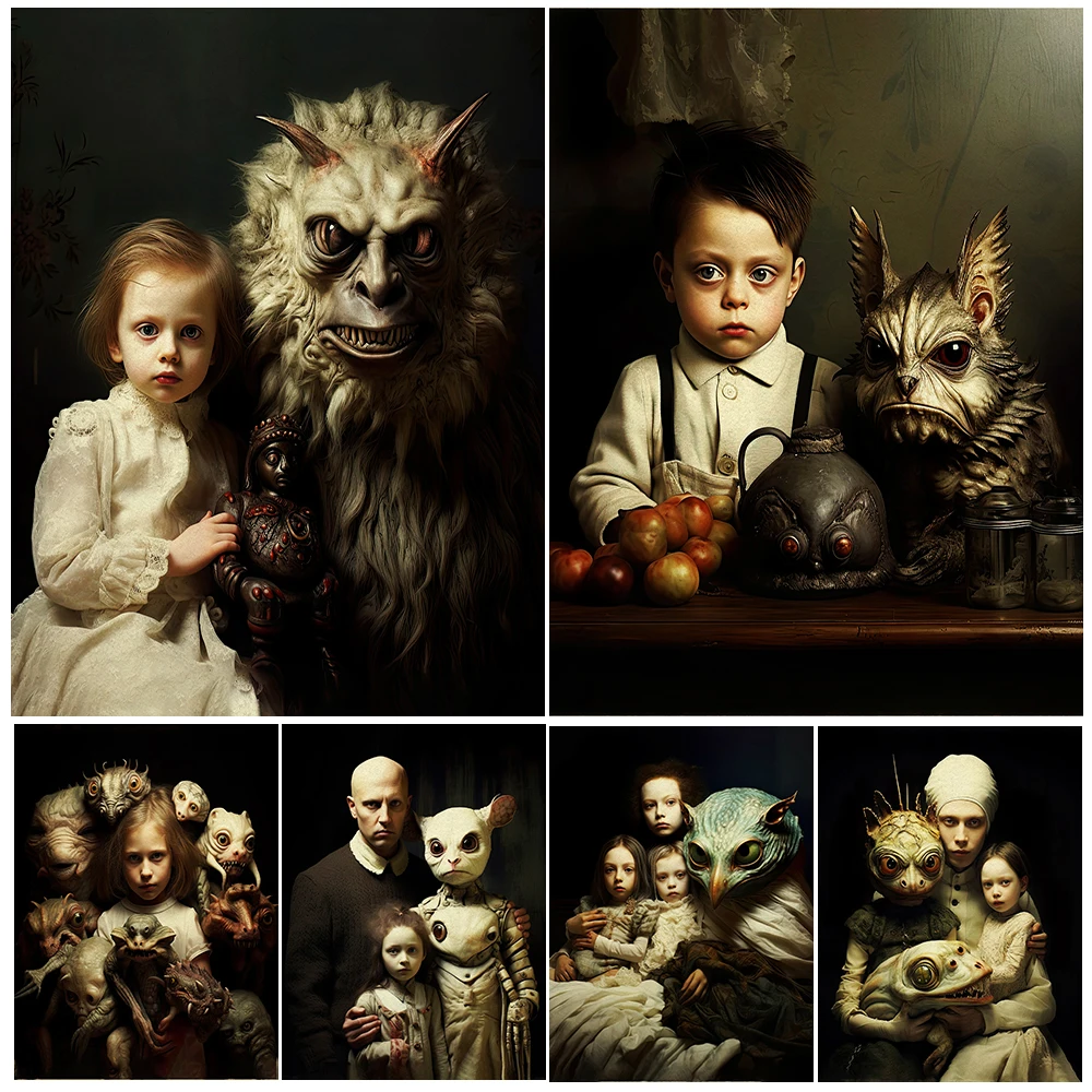 Children And Monsters,Gothic Wall Art Canvas Painting, Creepy Group Photo, Horror Artwork, Poster And Print, Home Decor Unframed