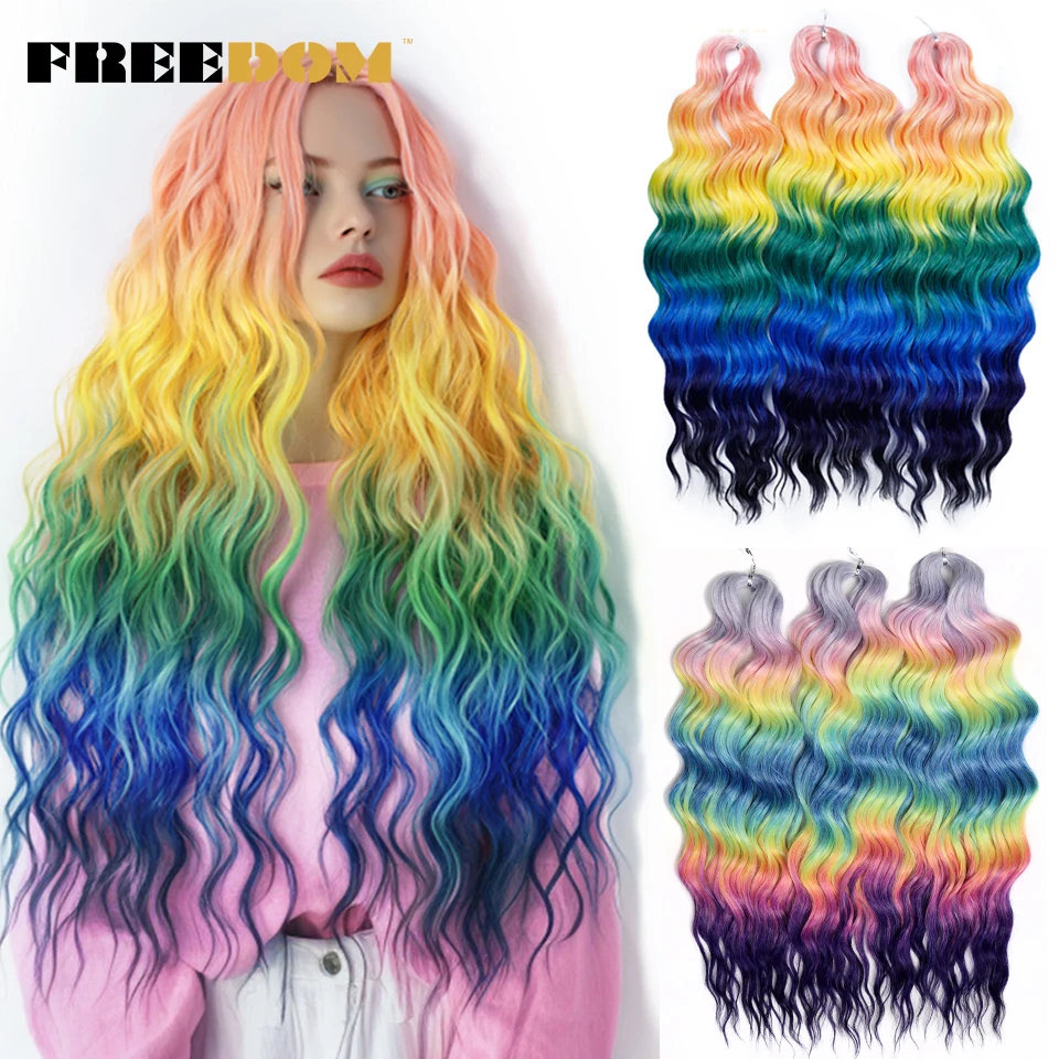 

FREEDOM Synthetic Crochet Hair 24 Inch Water Wave Braiding Hair Extensions Ombre Rainbow Color Fake Hair Deep Curly ANNA Hair