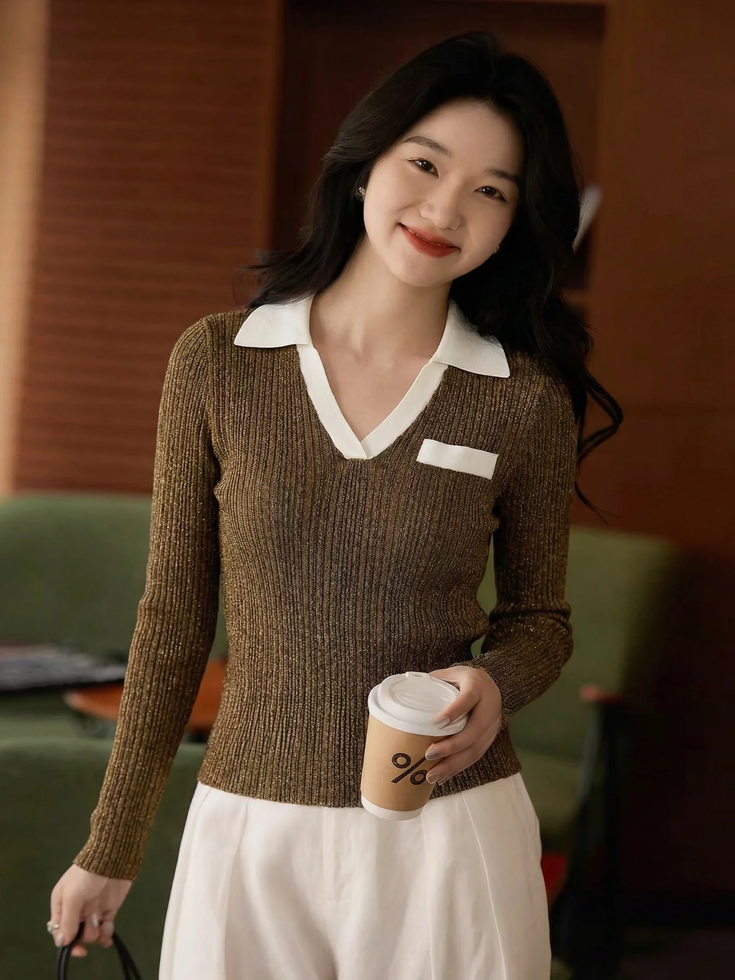 

Qianyun High-End Color Blo Ne Knitted Sweater Women's Slim Fit Long Sve Woolen Commute Top Skin-friendly Breathable