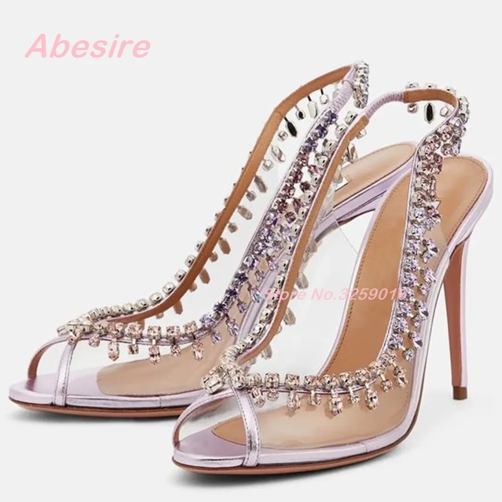 Peep Toe Stiletto Heels Pvc Crystals Slingback Pumps Slip On Rhinestone Sandals for Women Summer 2023 New Solid Party Shoes Sexy