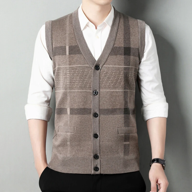 2024 New Men's V-neck Sleeveless Vest, Classic Business Men's Knitted Cardigan Vest