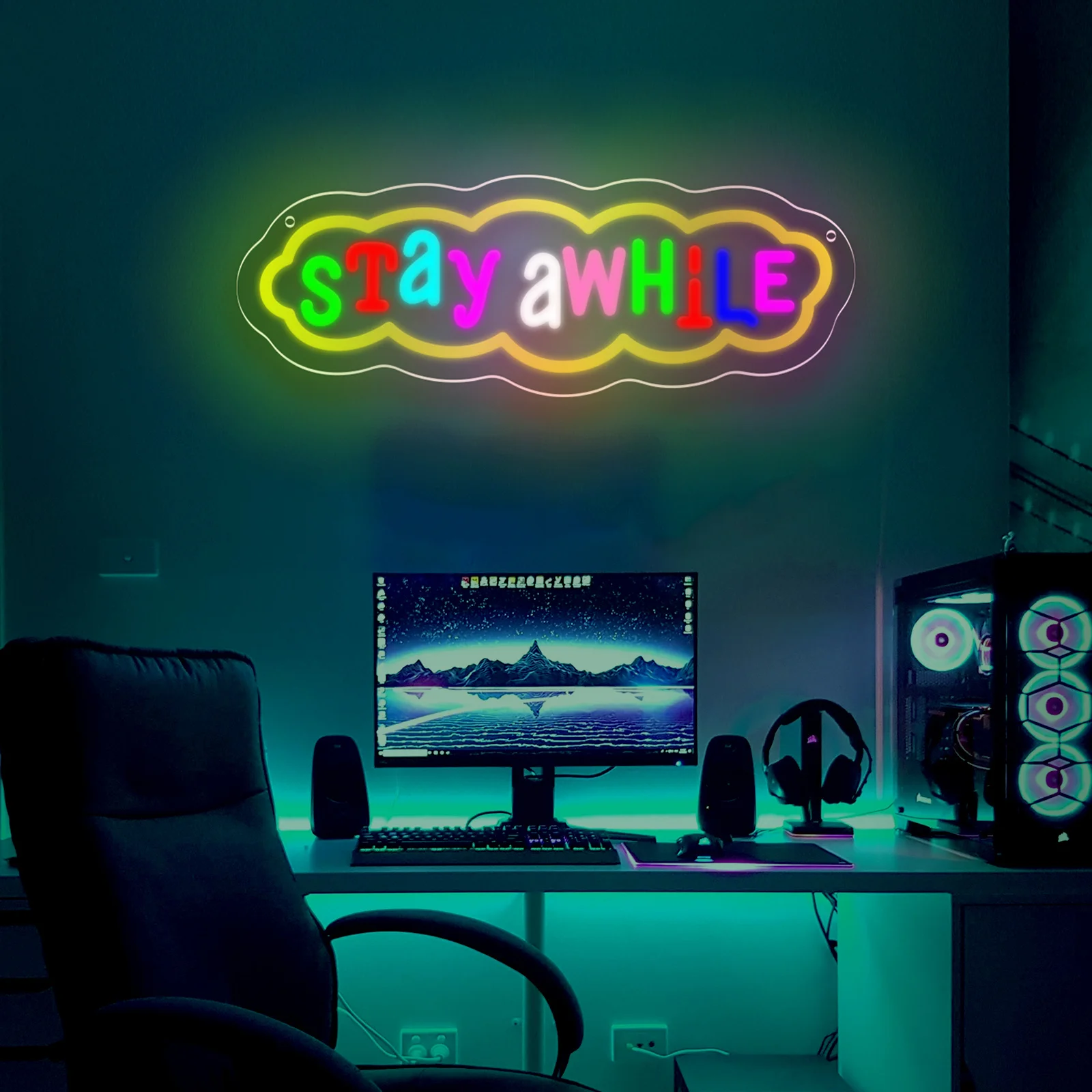 STAY AWHILE Neon Sign USB Power LED Neon Light for Bedroom Man Cave Game Room Party Store Cafe Library Wall Decor Festival Gift