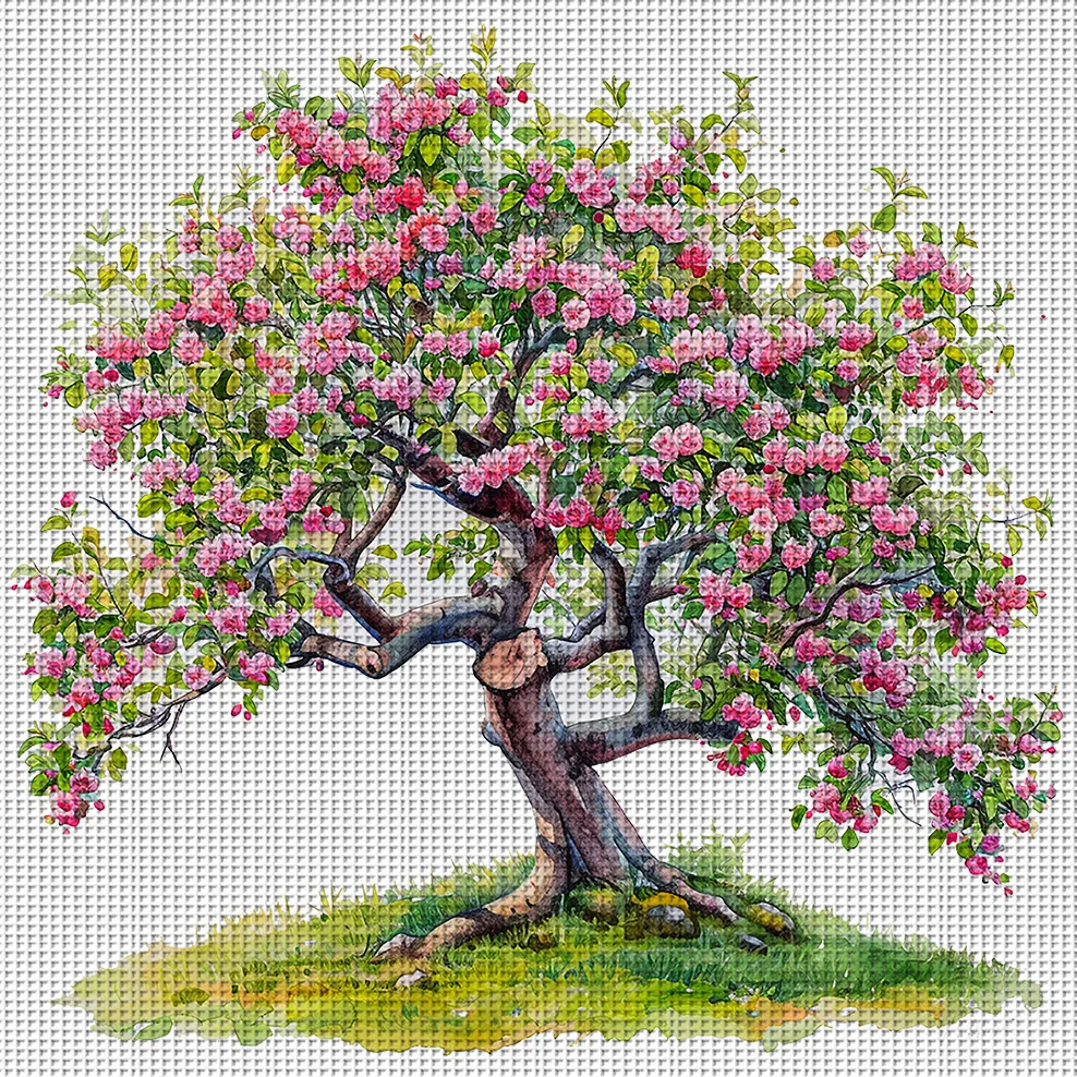 1 Stück 36x36cm/14,1x14,1 Zoll, 11CT Druck-Kreuzstich-DIY-Set, Aquarell-Blütenbaum, Entspannendes Kreuzstich-Set für Erwachsene Anfänger