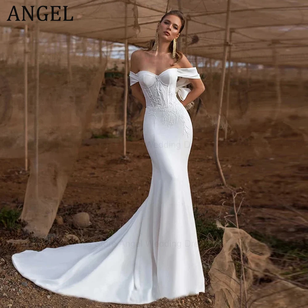 ANGEL  Lace Appliques Sweetheart Spandex Satin Mermaid Wedding Dress Off The Shoulder Lace Up Bow Bride Gown Robe De Mariée