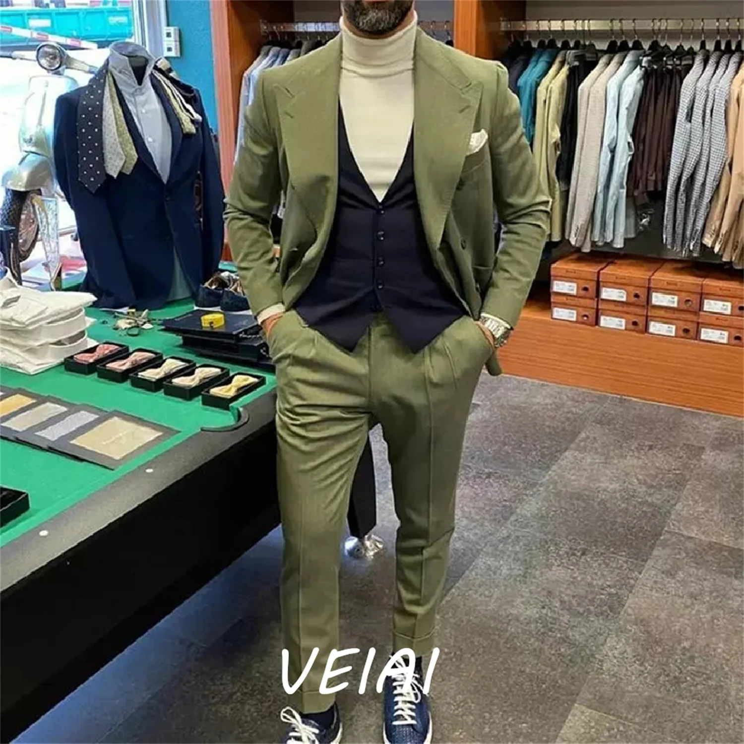 

CustomizedCostume Green Peak Lapel Men Suits Wedding Groom Tuxedo Slim Fit Terno Masculino Prom Party Blazer 3 Pcs Jacket+Pant+V