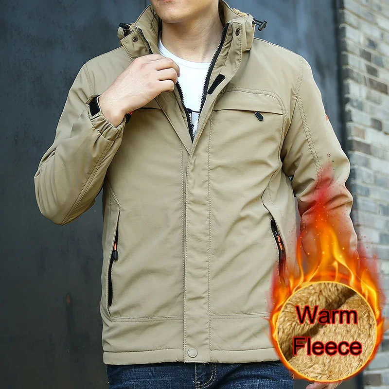 

2025 Men's Casual Jacket Fur Lined Warm Coats Windproof Jacket Men Fashion Clothing Hooded Collar Fleece Lined Warm Coat Men