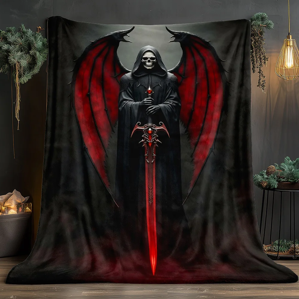 1pc Dark Winged‑Figure‑Print Throw Blanket, Sofa & Bed Decor, Multi‑Purpose Travel Camping Gift for Family Friends
