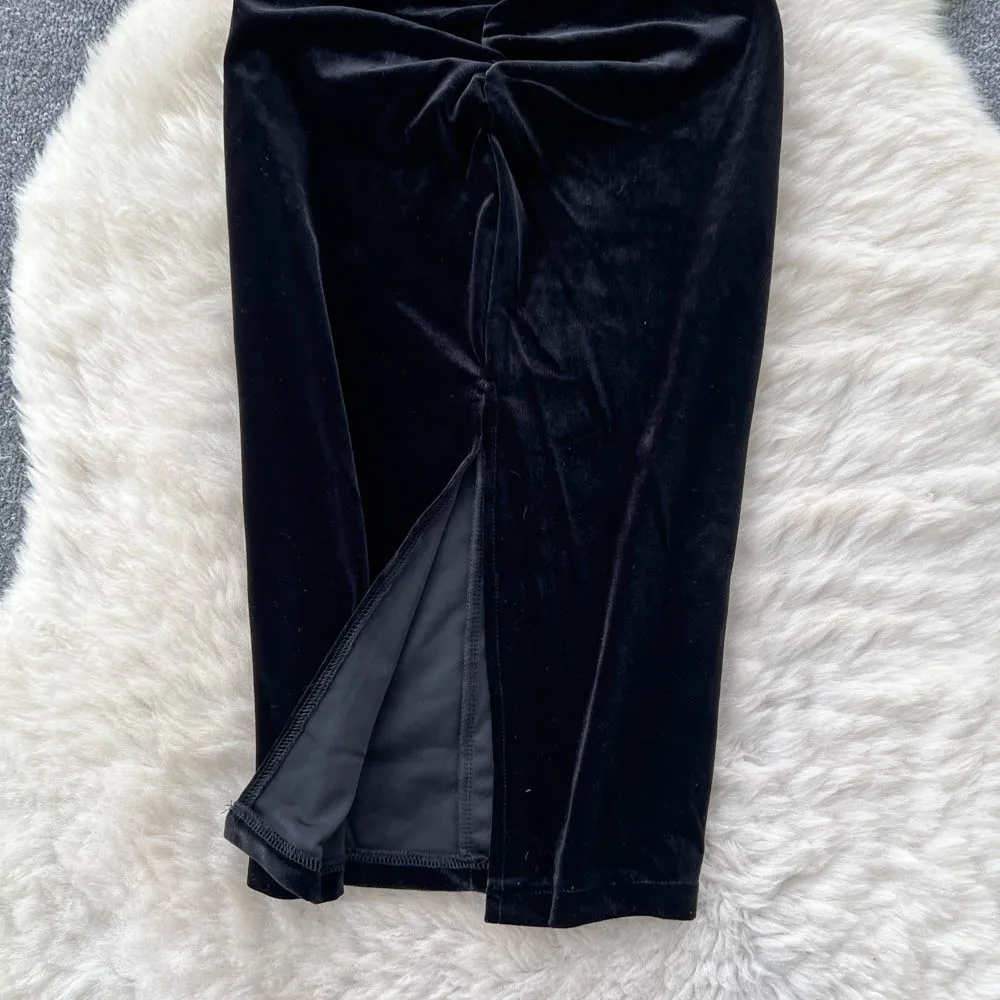 Robe crayon fendue en velours, Sexy, chic, sans manches, strass, mode coréenne, vêtements de soirée pour femmes