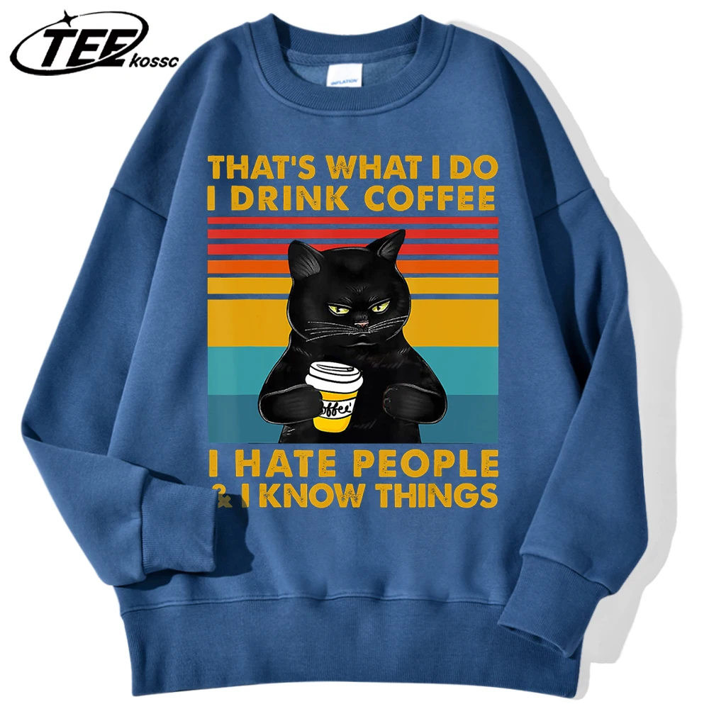 

Мужская флисовая толстовка Cat Like Coffee Hate People, универсальная одежда с круглым вырезом, повседневная свободная спортивная одежда унисекс в стиле ретро с длинными рукавами