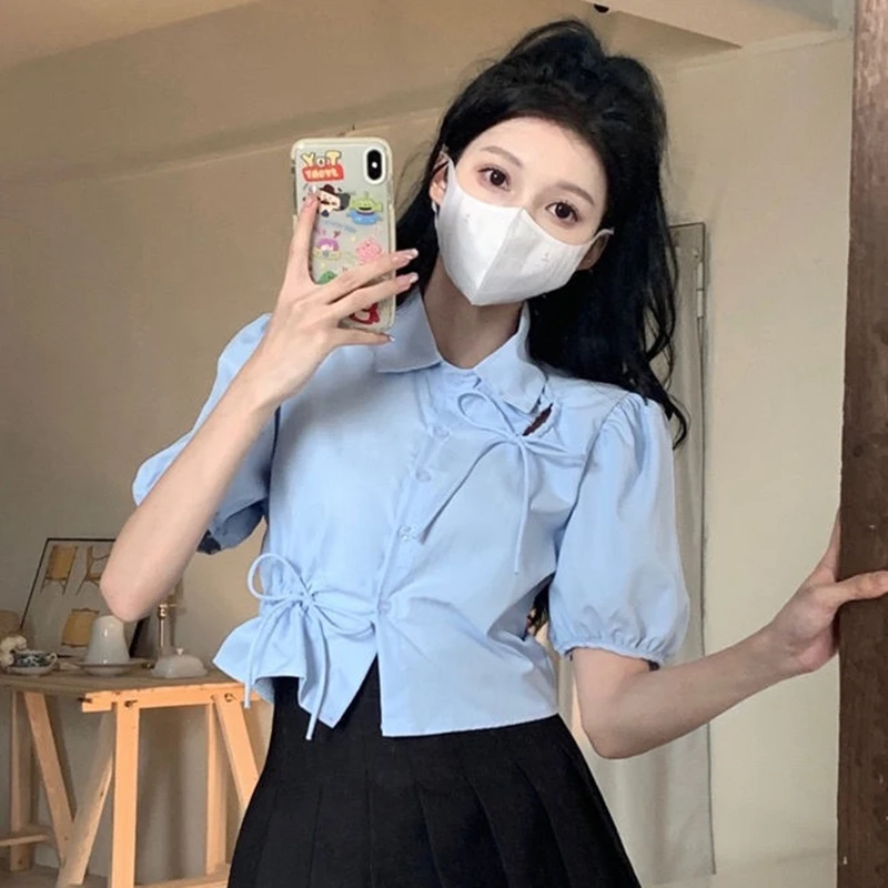 GIDYQ Elegant Women Bow Shirt Korean Fashion Design Chic Tops Y2K Casual Female All Match Puff Sleeve Shirt Summer New