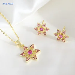 SUNSLL New Cubic Zircon Spring Flower Pendant Necklaces Earrings Set For Women Girls Gold Plated Anniversary Jewelry Gifts