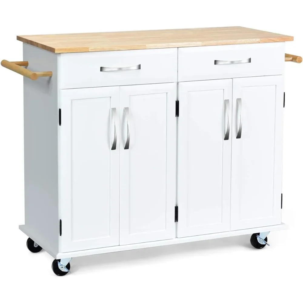 Kitchen Trolley Cart Rolling Utility Island w/Rubber Wood Top Large Storage Easy-Clean with Smooth Lockable Wheels Kitchen Carts