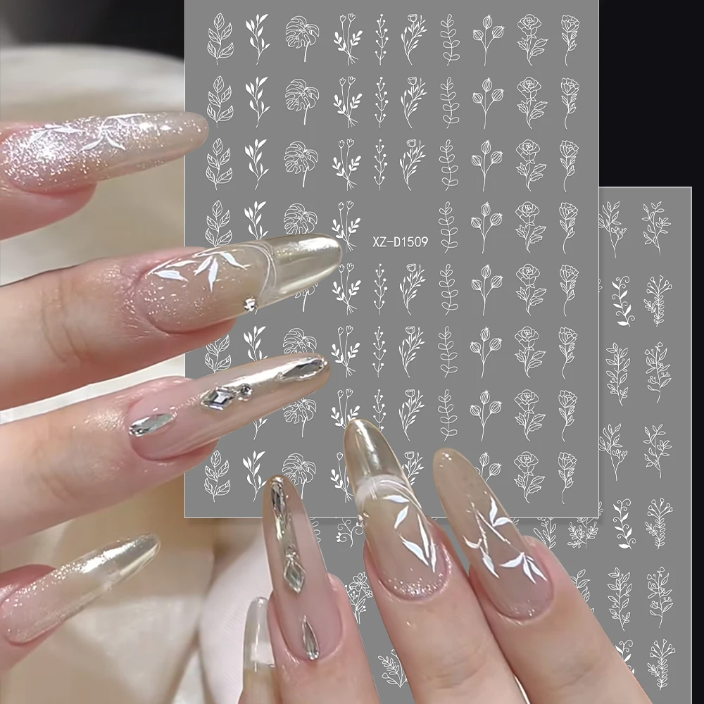 12pcs/set Laser Gold/Silver Plant Nail Art Sticker Leaves/lines/hearts 3D Nail Decal Sliders White Star Moon Manicure Decoration