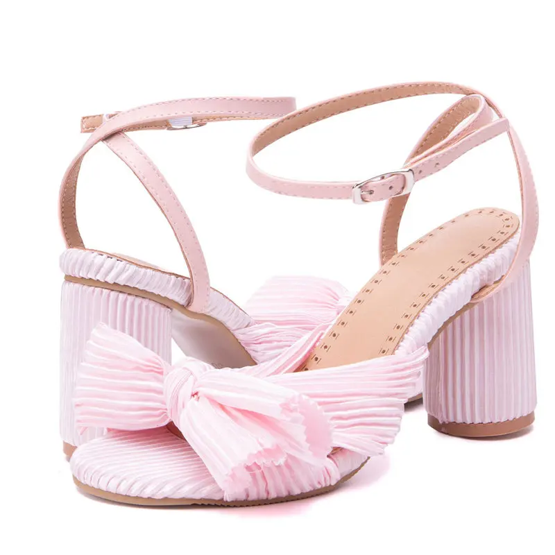 Girseaby Stain Women Sandals Mouth Block High Heels 8cm Buckle Strap Bowknot Large Size 48 49 50 Sweet Daily Female Shoes