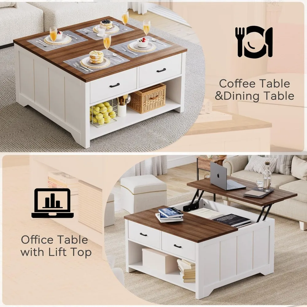 Coffee Table Lift Top, Wood Tea Table with Big Open Storage, Square Coffee Tables for Living Room, Farmhouse Coffe Tables Rustic