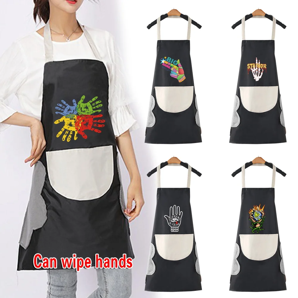 

Waterproof Kitchen Apron for Women/Men with Pockets Work Mandil Cleaning Pinafore Restaurant Waiter Work Uniform Hand Pattern