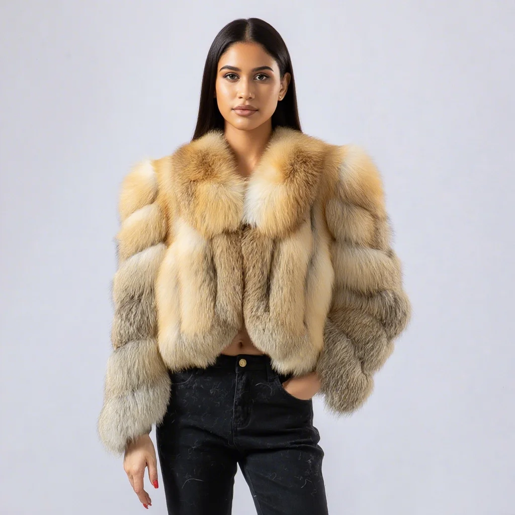 Women Genuine Natural Golden Island Fox Fur Coat | Fox Fur Collar Winter Short Jacket | In-Stock Sizes Available 250404