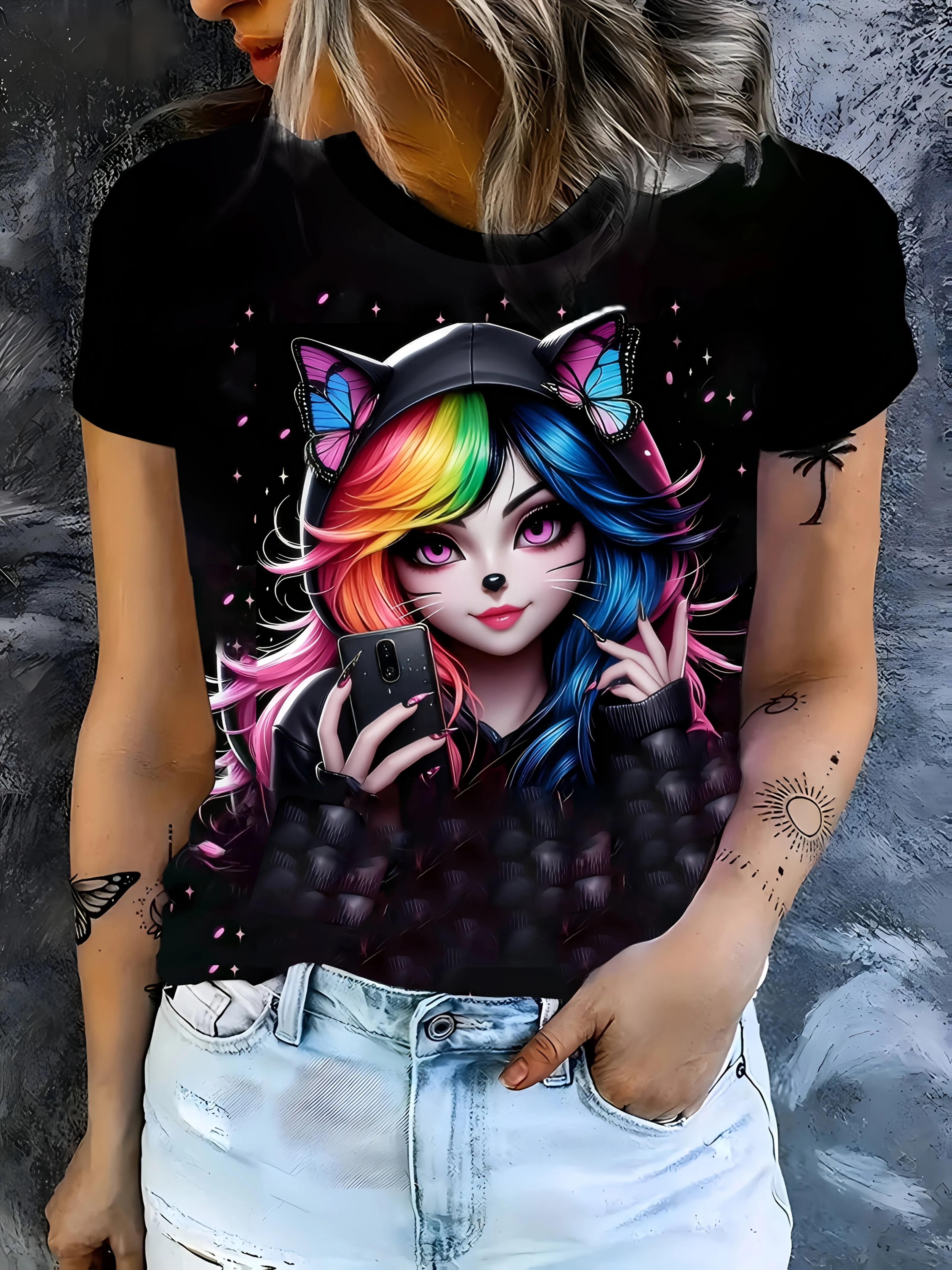 Women Edgy Fantasy Character Printed T‑Shirt Gothic Pink‑Black Cat Girl Sparkle Accent Pattern Short‑Sleeve Crew Neck Casual Tee