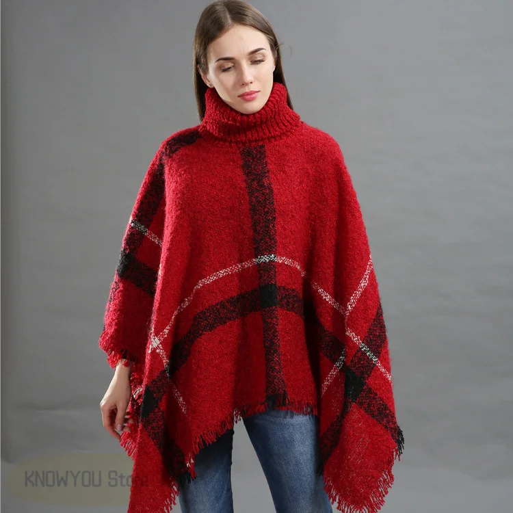 Plus Size Knitted Poncho Luxury Warm Capes Mujer Cashmere Blend Shawls Tassel Cloaks Turtleneck Pullover Feminino Chals Hijabs