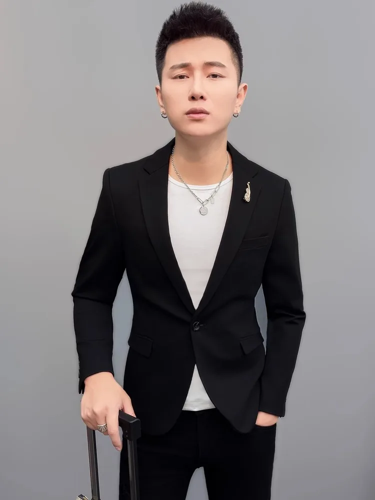 

Мужской приталенный повседневный пиджак в корейском стиле, модный, однотонный, с длинным рукавом, для взрослых, городской стиль