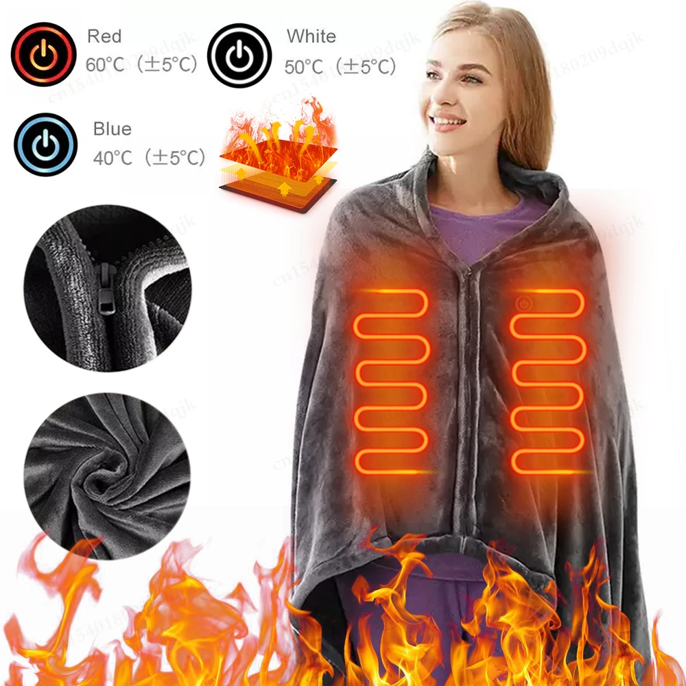 

Wearable Heating Electric Blanket Shawl 3 Heated Level Throw Blanket 5v USB Heated Coral Velvet 9 Heated Areas Fast Heating