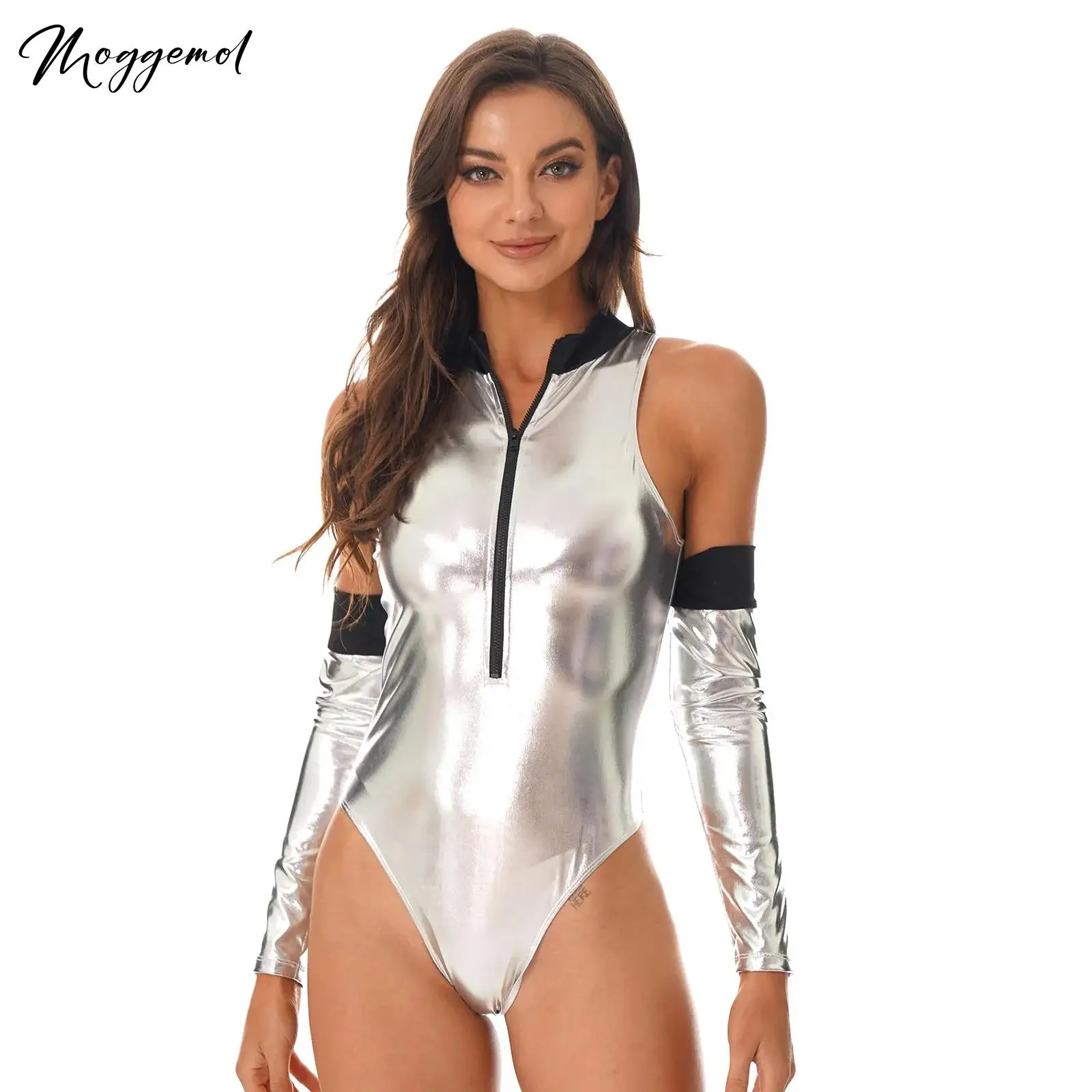 

Women's Metallic Catsuit Shiny 2Pcs Astronaut Space Costume Leather Outfits Sleeveless Zipper Mock Neck Bodysuit with Oversleeve