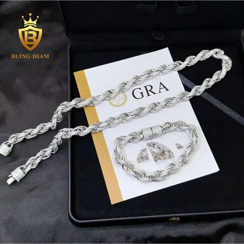 

New Custom Hip Hop Jewelry Silver 925 Iced Out 10mm Cuban Rope Chain Moissanite Cuban Link Chain