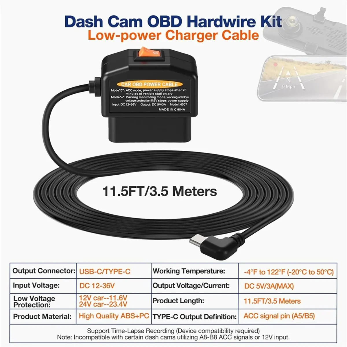 

【BRILLIANT 】OBD Power Cable for Dash Camera,OBD2 to USB C Adapter Hardwire Kit,Dual Mode with 24/7 Parking Mode/ACC Mode