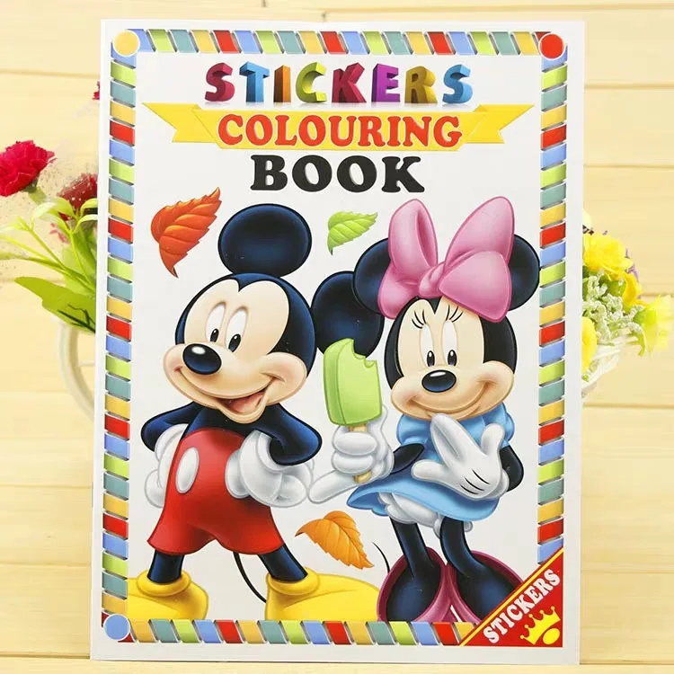 Disney Anime Cartoon Drawing Coloring Book McQueen Car Princess Mickey Spidermans A4 Painting Book with Stickers Kids Toys Gifts