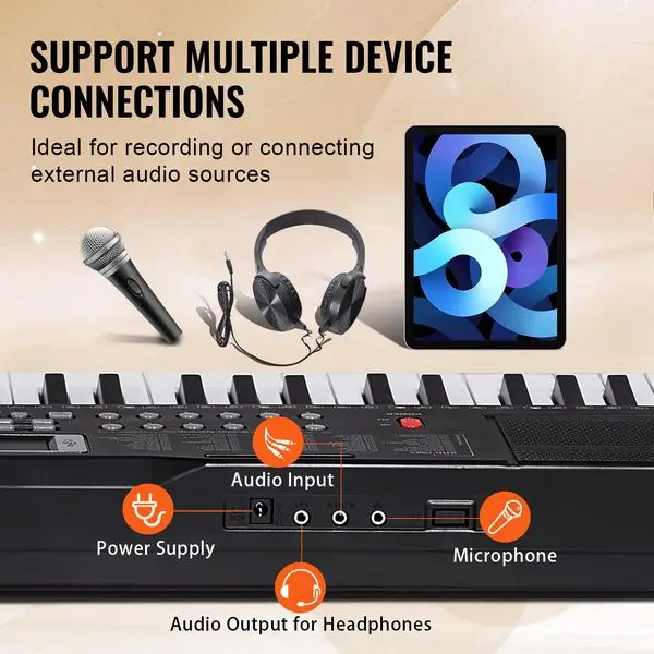 VEVOR 61 مفتاح لوحة المفاتيح الرقمية البيانو الكهربائية المحمولة 200 نغمة 200 إيقاعات