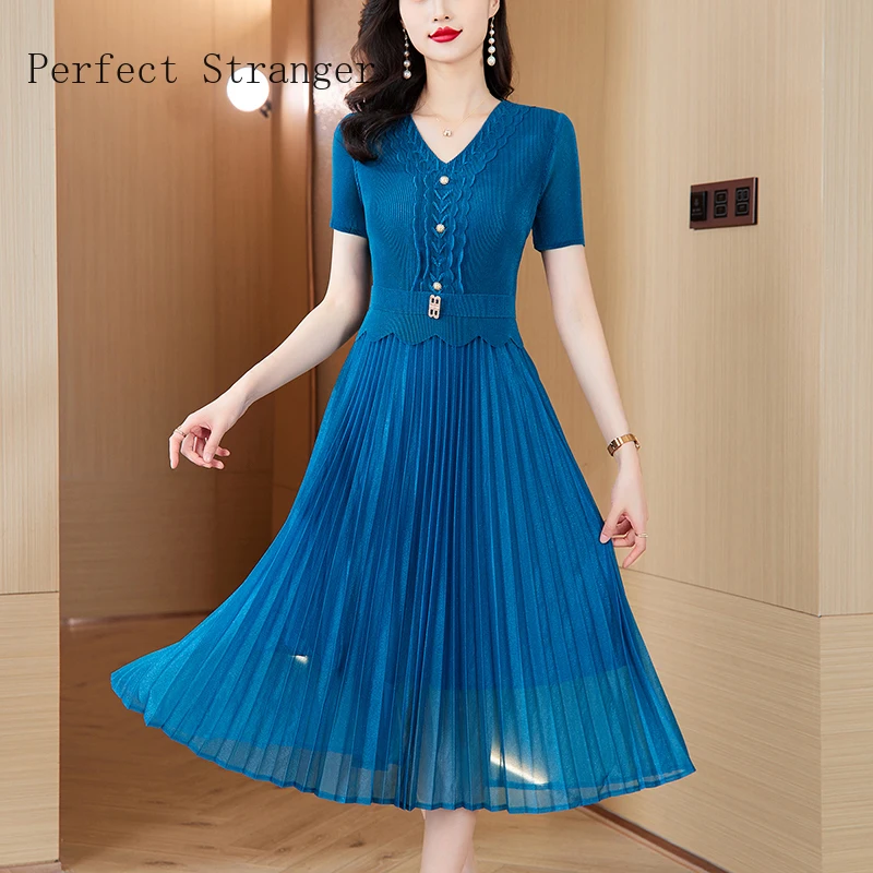 2025 Summer V-neck Dress for Women Short Sleeves Printed Bead Mesh Spliced Pleated V Collar Women Long Dress