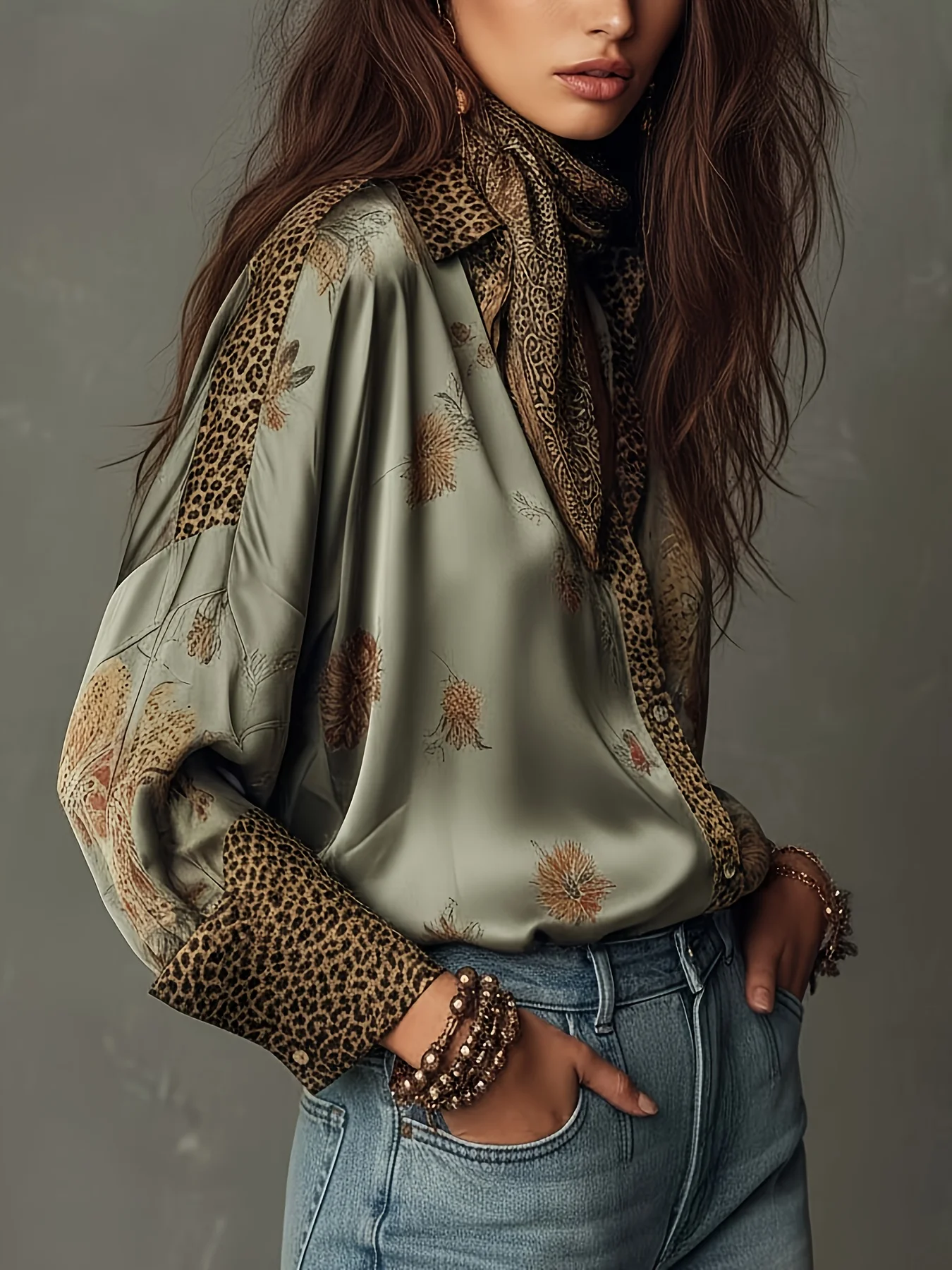 

Elegant Women's Blouse Leopard Printed Floral Vintage Casual Single Breasted Satin Casual Chic Ethnic Plus Size Blouse Tops