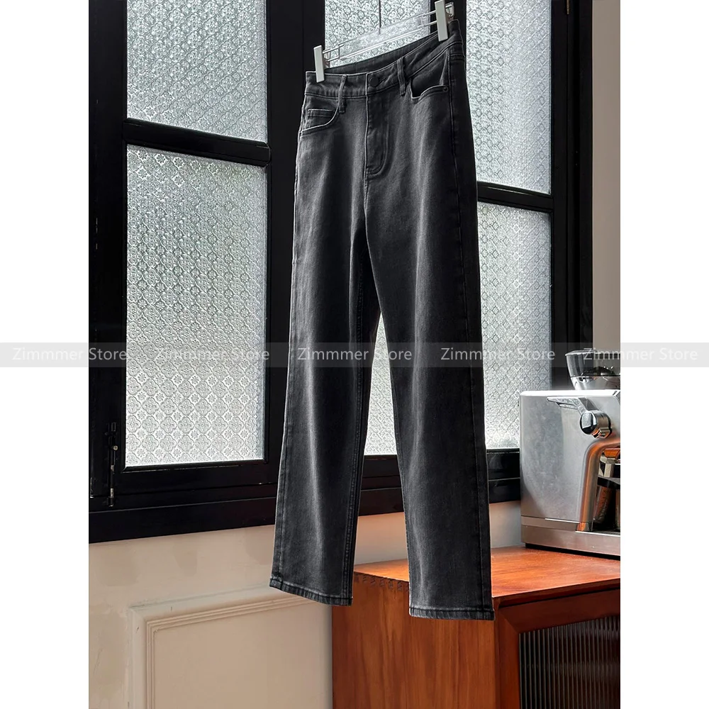 Vintage washed and old dark gray nine-minute jeans women's micro-stretch medium-high waist straight casual pants