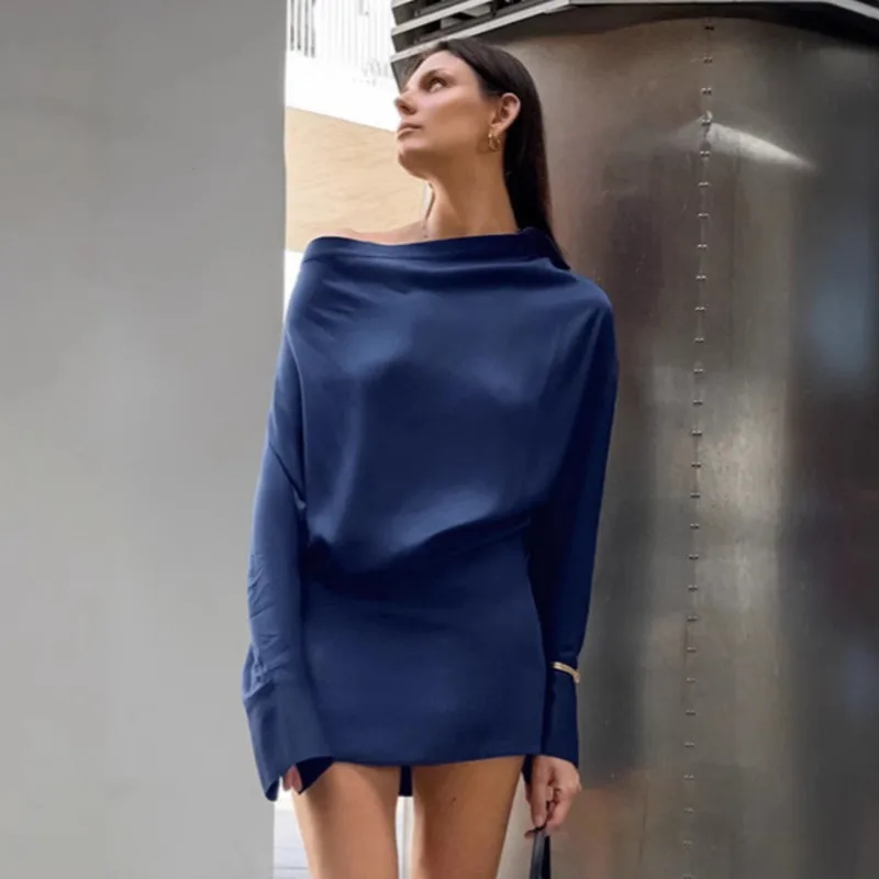 우아한 프렌치 블루 카울 넥 긴 소매 바디콘 드레스 여성 가을 ​​겨울 새틴 허리 드레스 여성용 캐주얼 오피스 드레스