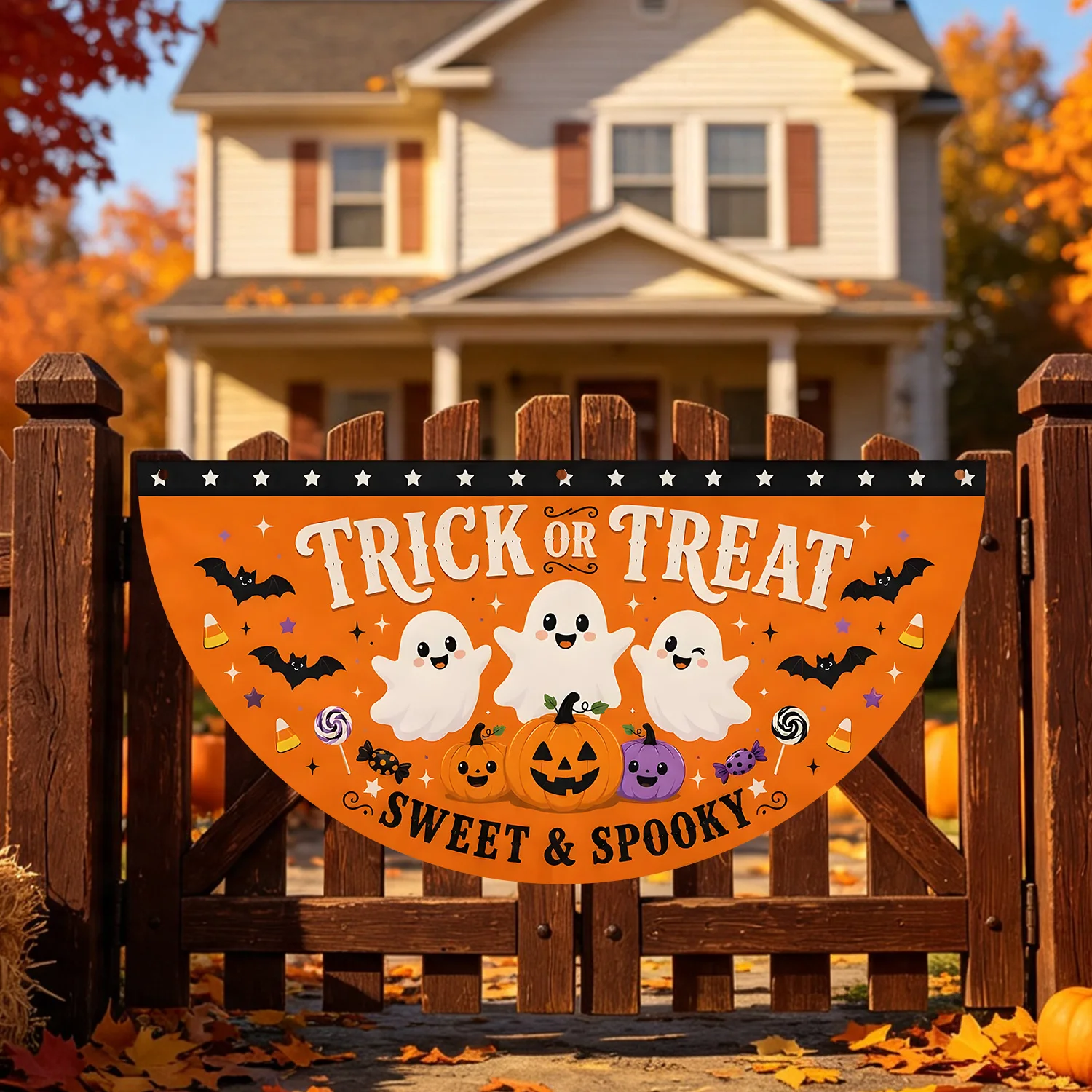 Trick or Treat Halloween Halbmond-Fanbanner, niedliches Geister-Kürbis-Fledermaus-Design, gruselige Hängeflagge für Tür, Garten, Zuhause, Dekoration – Detail 1