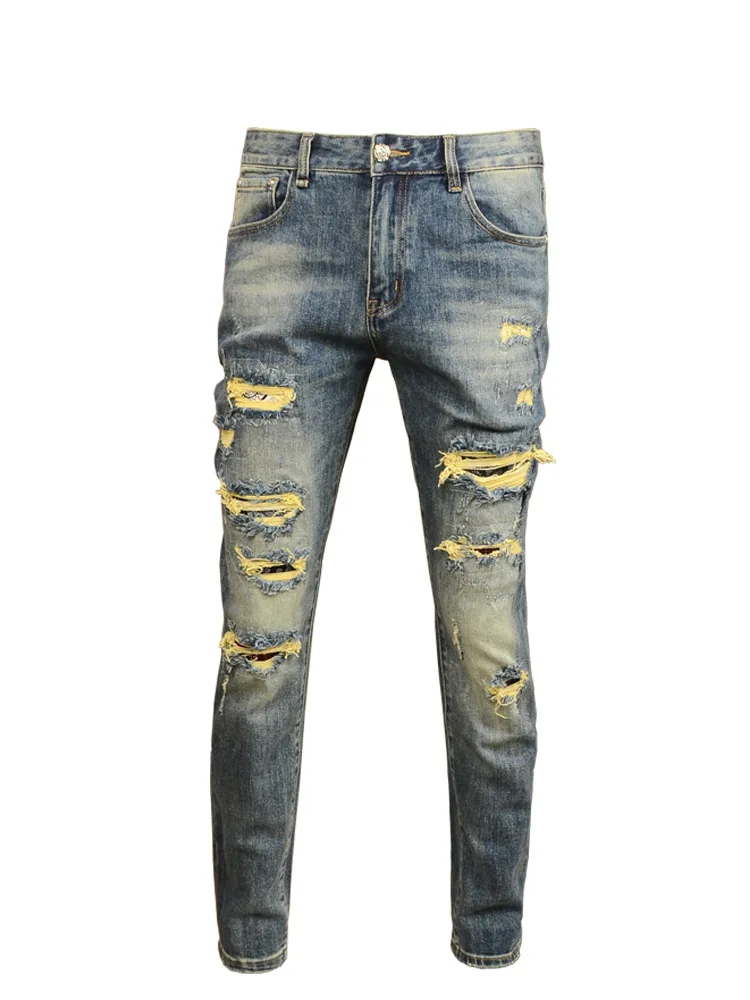 

Ripped Cool Jeans Men's Rock Stretch Slim Fit Skinny High Street Street Retro Nostalgic Patch Casual Motorcycle Men's Pants